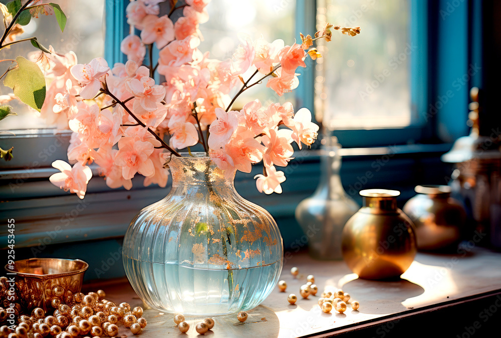 Fototapeta premium flowers on a sunlit windowsill. The soft, natural light