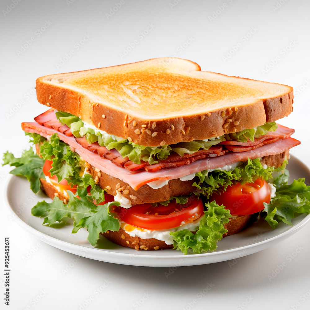 A classic ham and cheese sandwich, simply and beautifully prepared. Fresh lettuce, ripe tomatoes, and ham are layered between slices of toasted bread, A classic ham and cheese sandwich, simply and beautifully prepared. Fresh lettuce, ripe tomatoes, and ham are layered between slices of toasted bread,