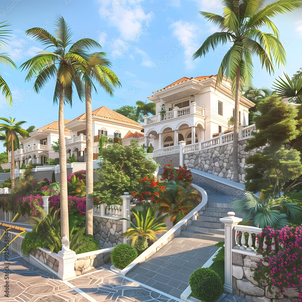 Fototapeta premium Tropical Villa with Stone Pathway and Palm Trees