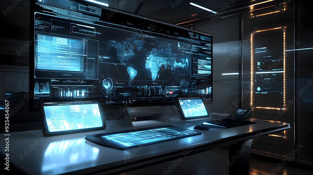 Futuristic workstation with multi-layered screens Futuristic workstation with multi-layered screens