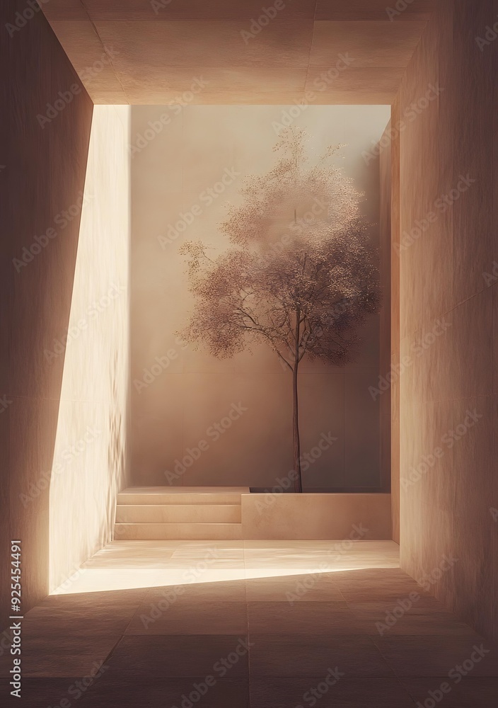 Naklejka premium Minimalist Architecture with Tree in Courtyard