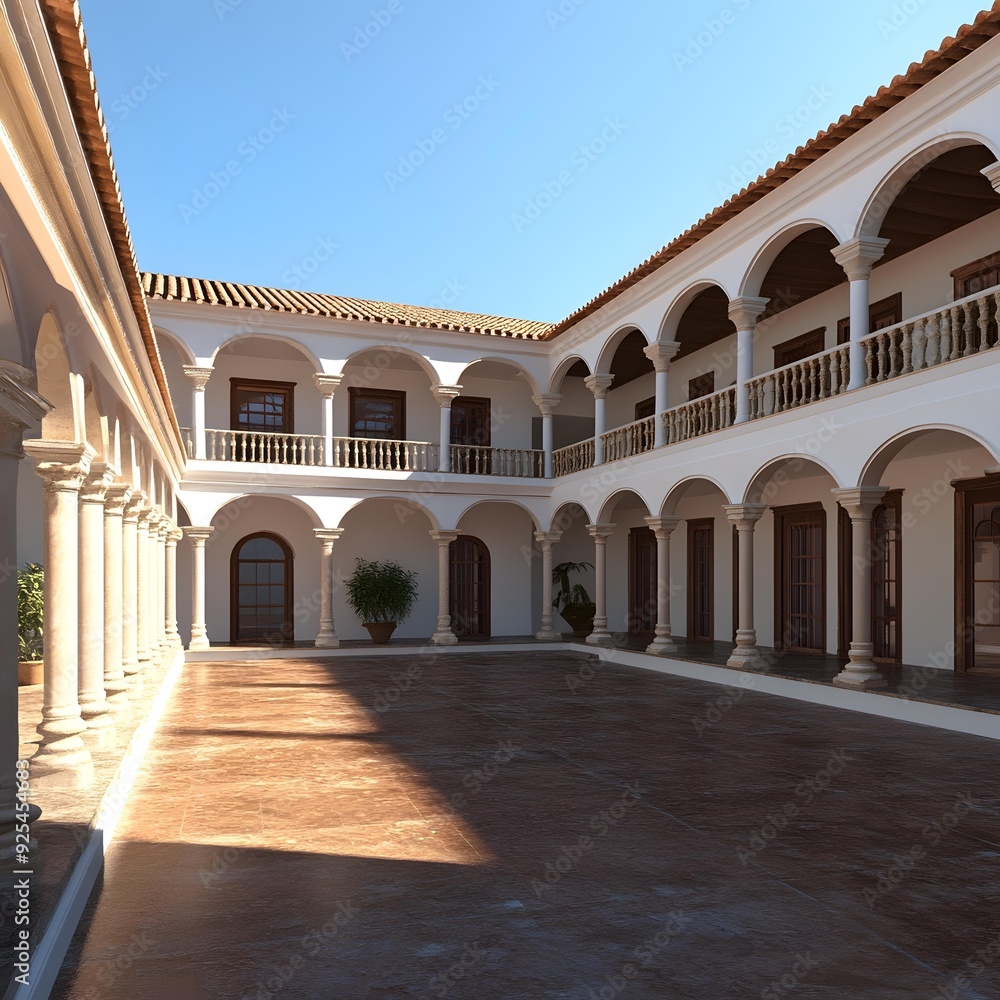 Fototapeta premium Spanish Style Courtyard with White Columns and Arched Windows