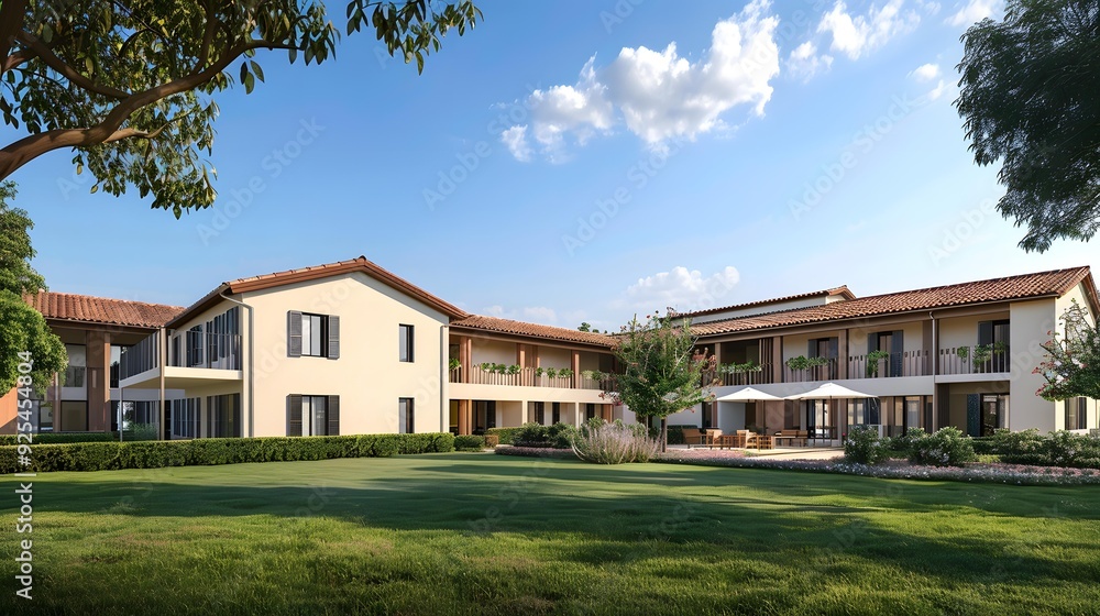 Modern Villa Exterior with Lush Greenery and Patio Furniture Modern Villa Exterior with Lush Greenery and Patio Furniture