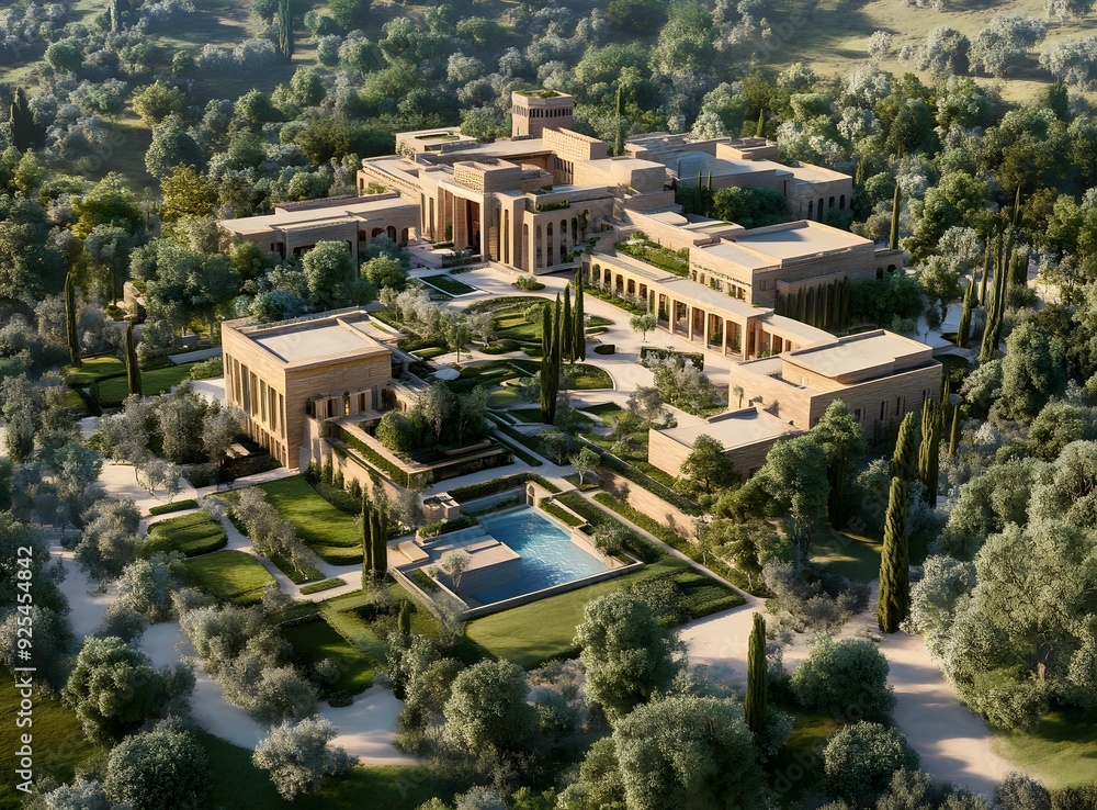 Fototapeta premium Aerial View of Modern Villa with Lush Gardens and Swimming Pool