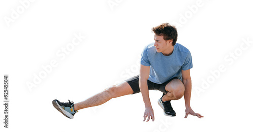 Young man stretching his leg during an outdoor workout session in against transparent background, emphasizing fitness and flexibility