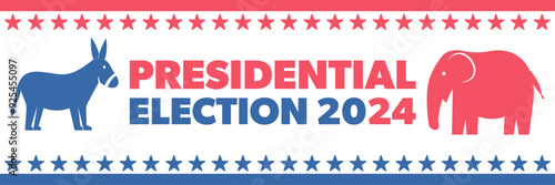 Presidential election 2024, donkey and elephant icon, text and stars. Democrats and republicans campaign. Vector banner and background. Electoral symbols, us.