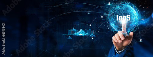 IaaS: Hand touching global network connection and data exchanges, technology structure. Innovation networking on dark background. scalability, flexibility, cost-efficiency.