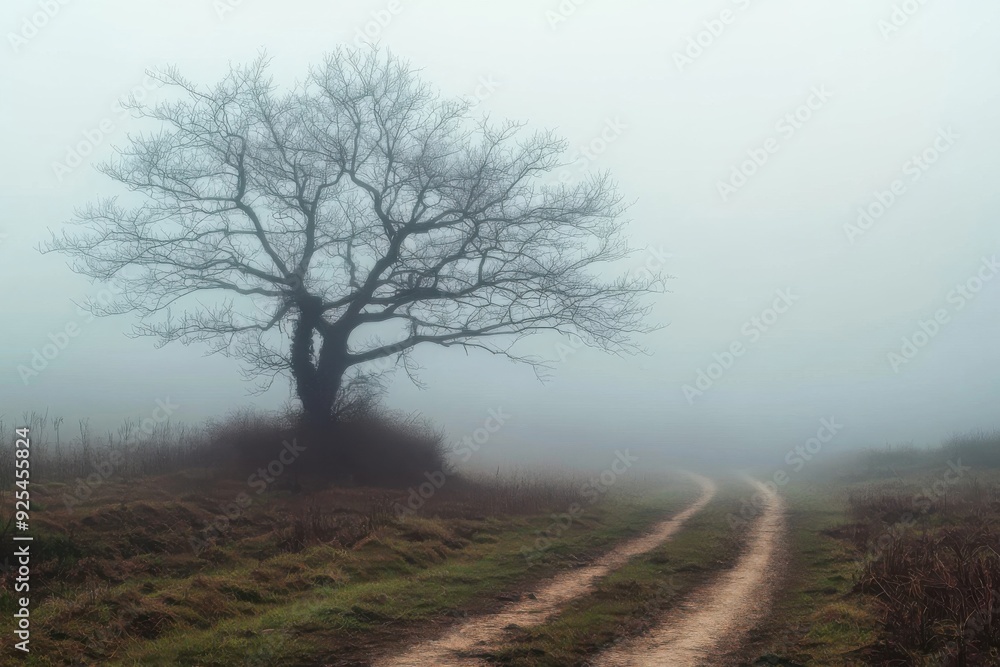 A misty landscape with a winding dirt path leading through a field, dominated by a bare tree. A misty landscape with a winding dirt path leading through a field, dominated by a bare tree.