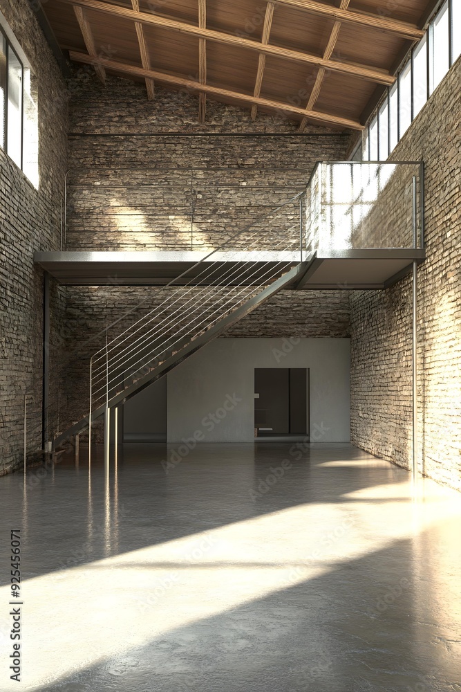 Obraz premium Modern Interior Design with Wooden Ceiling Beams and Brick Walls