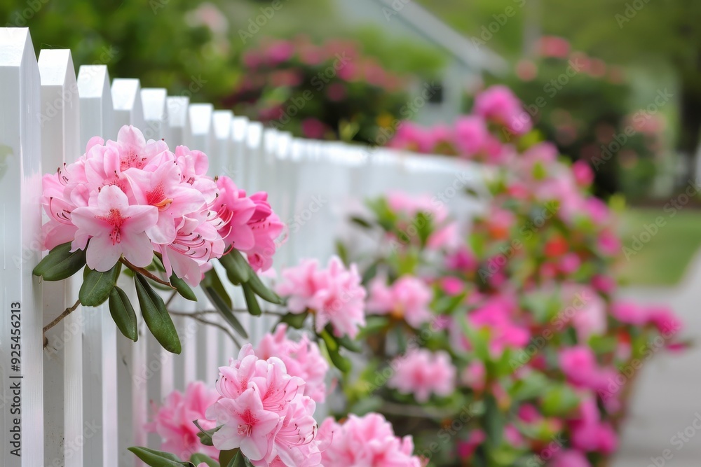 Pink Azalea Blooms Along A White Picket Fence On A Sunny Day Pink Azalea Blooms Along A White Picket Fence On A Sunny Day