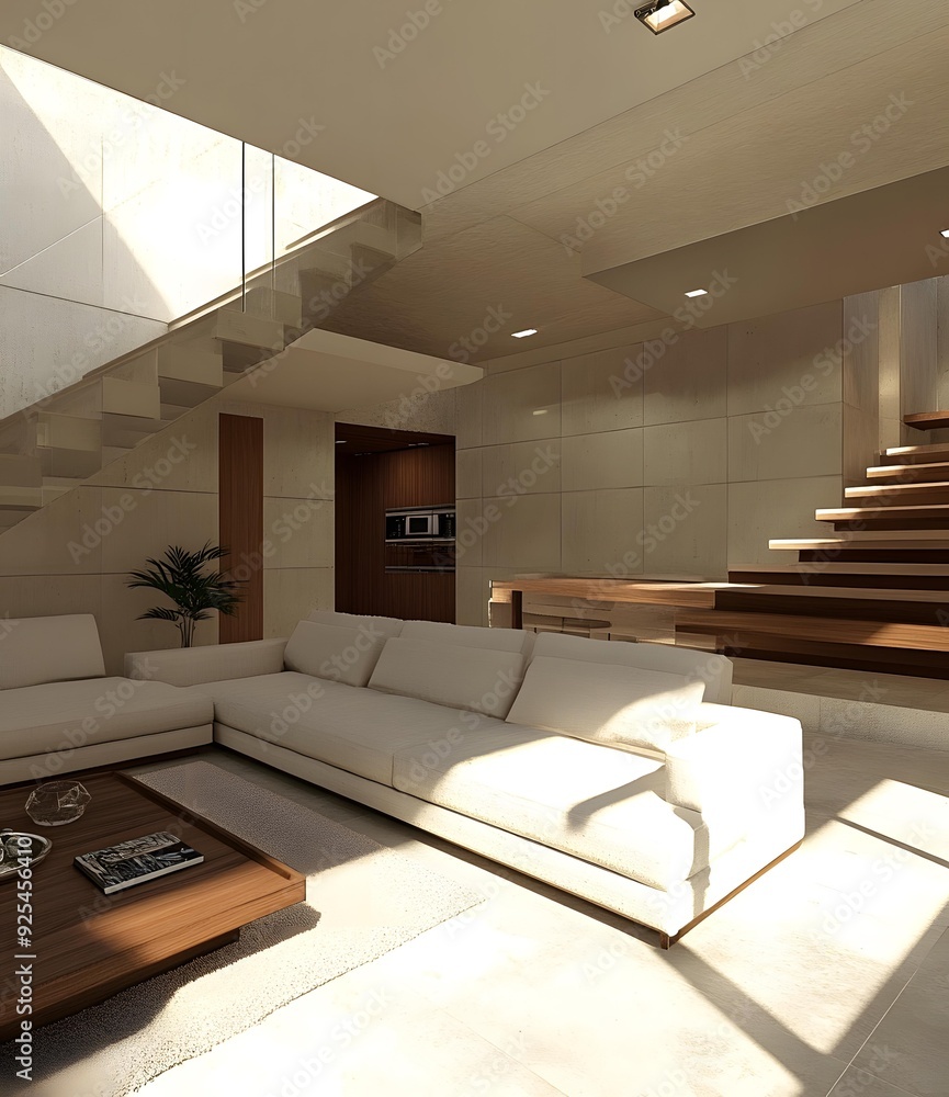 Modern Living Room Interior Design with White Sofa and Staircase Modern Living Room Interior Design with White Sofa and Staircase