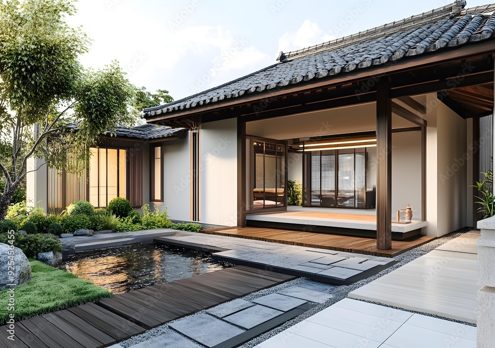 Modern Japanese Style House Exterior with Pond and Stone Path Modern Japanese Style House Exterior with Pond and Stone Path