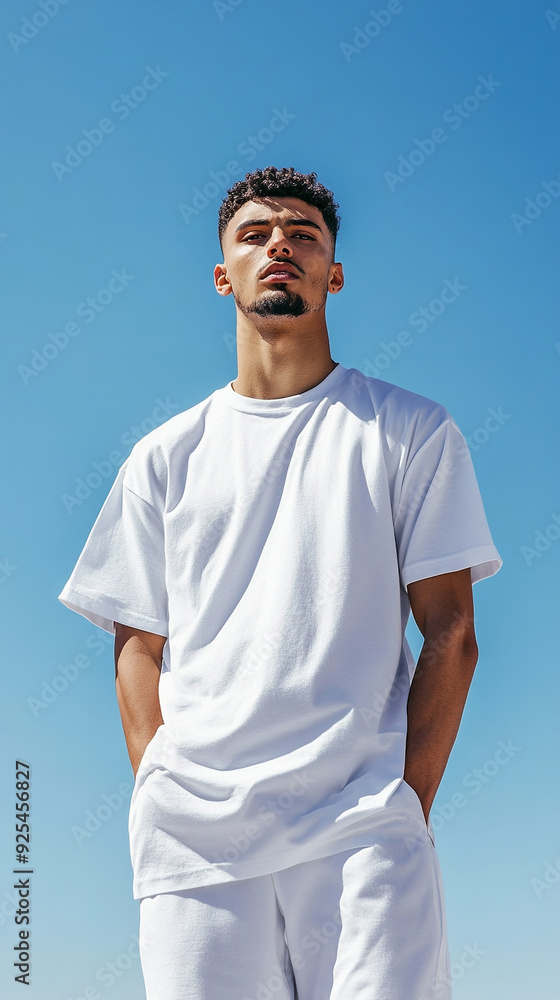 a man in a white oversize T-shirt posing for a brand shooting in front of a skyblue backround, full body shot