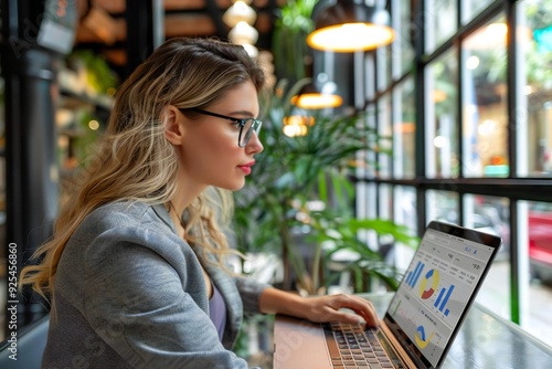 female entrepreneur reviewing an online business analytics and KPI dashboard on her laptop in a modern office setting.