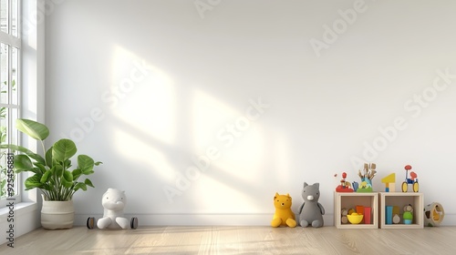 Fototapeta Naklejka Na Ścianę i Meble -  3D rendering of a mockup wall in a children's room with a white background.