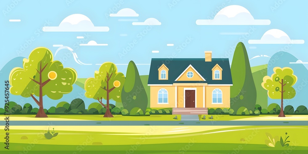 Yellow House with Green Trees and Blue Sky in the Background