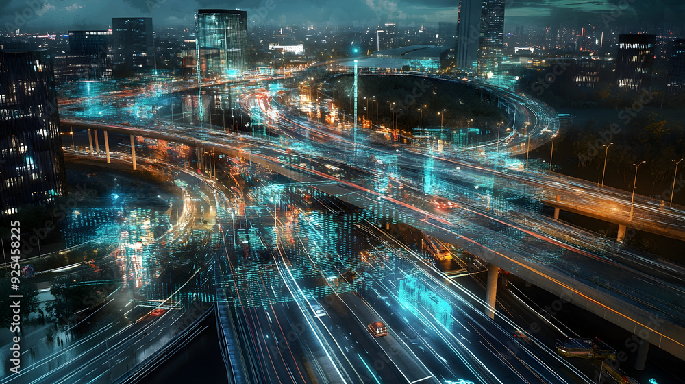 Obraz premium Hyper-connected smart city with digital overlays