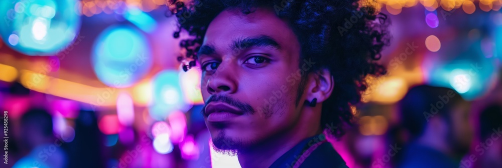 A young man with curly hair surrounded by vibrant bokeh lights in a vibrant nightlife setting, looking directly at the camera. A young man with curly hair surrounded by vibrant bokeh lights in a vibrant nightlife setting, looking directly at the camera.
