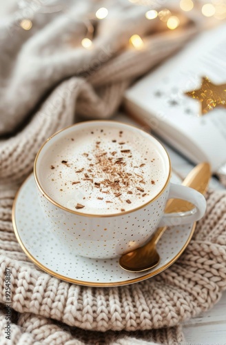 Cozy Cup of Hot Chocolate With Whipped Cream and Holiday Lights in a Warm Setting