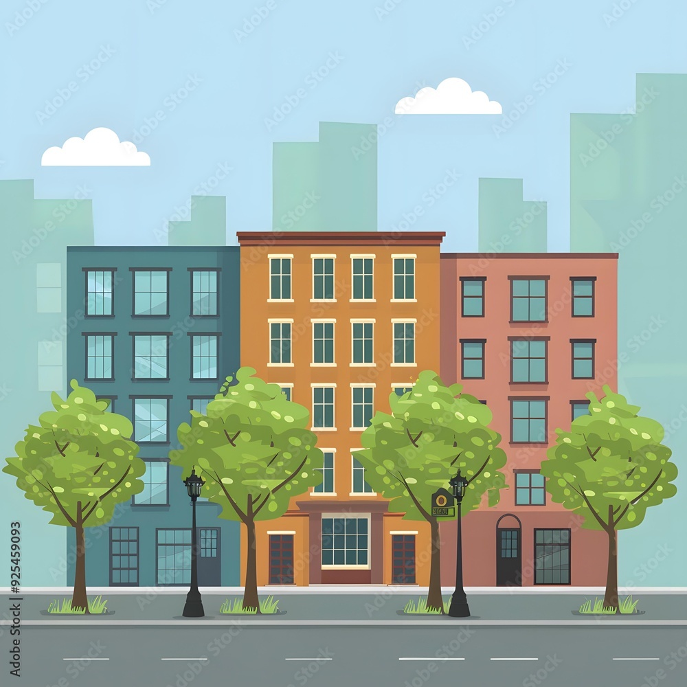 Cityscape Illustration with Buildings and Trees Cityscape Illustration with Buildings and Trees