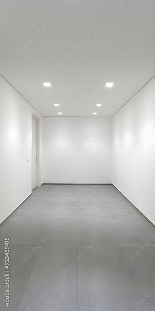 Empty White Room With Grey Tile Floor And Door Empty White Room With Grey Tile Floor And Door