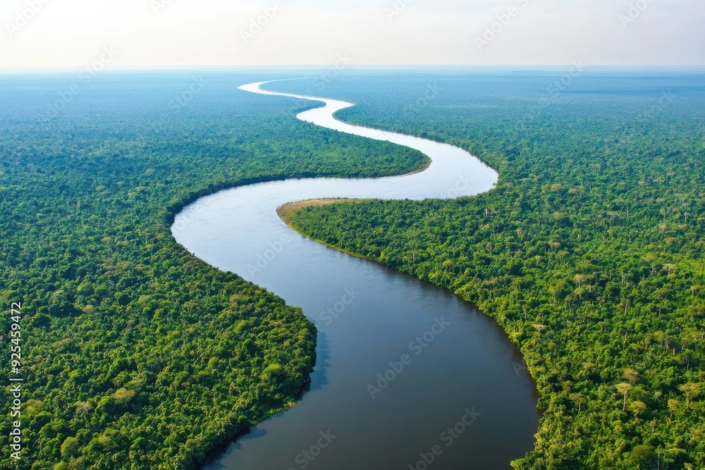 A meandering river flows through a vast expanse of dense green forest under a clear sky. A meandering river flows through a vast expanse of dense green forest under a clear sky.
