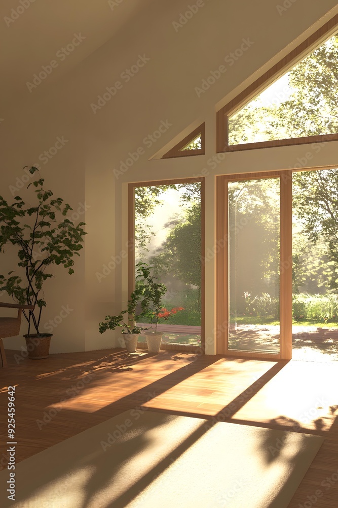 Fototapeta premium Sunlight Streaming Through Large Windows in Modern Home