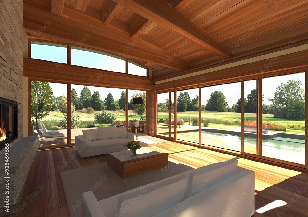 Naklejka premium Modern Living Room With Large Windows And A View Of A Swimming Pool