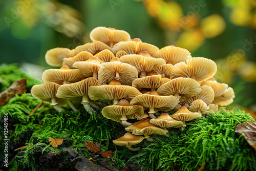 A Cluster of Mushrooms Growing on Moss