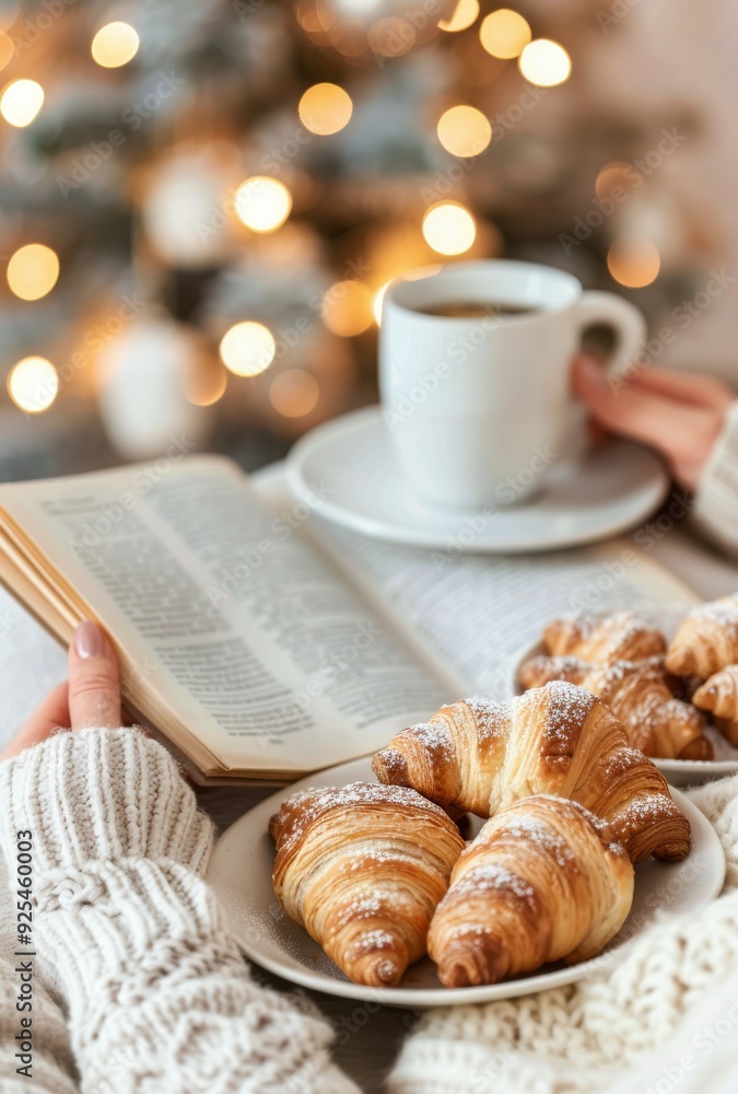 Cozy Morning With Croissants, Coffee, and a Book by Soft Lighting Cozy Morning With Croissants, Coffee, and a Book by Soft Lighting