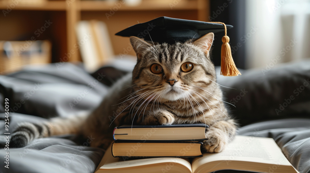 Cat wearing a black cap lying on books on a bed with a blurred room background Cat wearing a black cap lying on books on a bed with a blurred room background