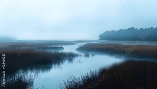 foggy morning over a coastal marsh, ultra-realistic, high resolution,