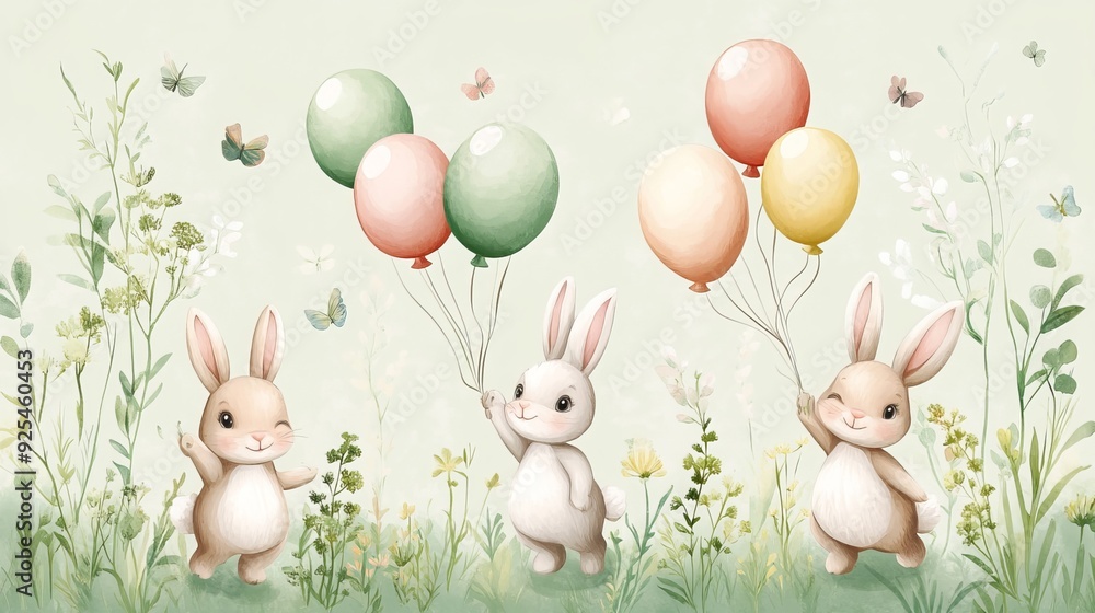 Obraz premium A children's illustration of bunnies holding balloons against a background of green flowers. Ideal for digital printing and custom design wallpaper.