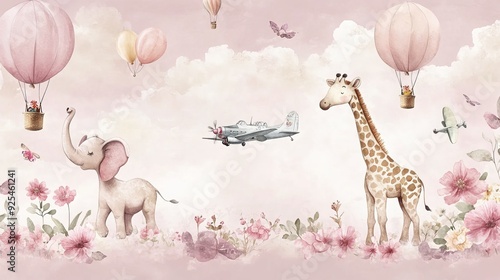Fototapeta Naklejka Na Ścianę i Meble -  A kids' wallpaper mural featuring cycling animals with balloons, including a giraffe and elephant, set against a watercolor pink background. The design includes hot air balloons, blooming flowers