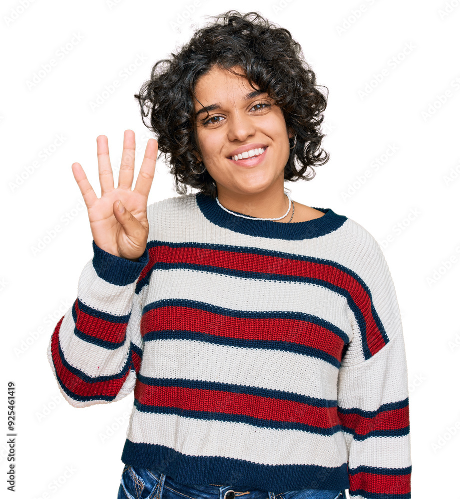 Young hispanic woman with curly hair wearing casual clothes showing and pointing up with fingers number four while smiling confident and happy. Young hispanic woman with curly hair wearing casual clothes showing and pointing up with fingers number four while smiling confident and happy.
