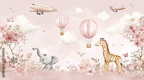 Fototapeta Naklejka Na Ścianę i Meble -  A kids' wallpaper mural featuring cycling animals with balloons, including a giraffe and elephant, set against a watercolor pink background. The design includes hot air balloons, blooming flowers