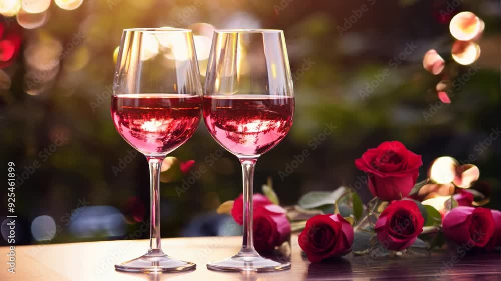 Romantic Wine and Roses: Two glasses of sparkling rosé wine rest on a table next to a bouquet of red roses, bathed in soft, warm light. The scene evokes a sense of romance, love, and celebration. Romantic Wine and Roses: Two glasses of sparkling rosé wine rest on a table next to a bouquet of red roses, bathed in soft, warm light. The scene evokes a sense of romance, love, and celebration.
