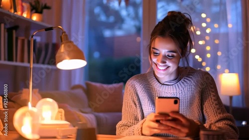 Wallpaper Mural Content young woman sitting at a desk in her cozy living room, using her smartphone to adjust the brightness and color temperature of smart bulbs for the perfect lighting. Torontodigital.ca