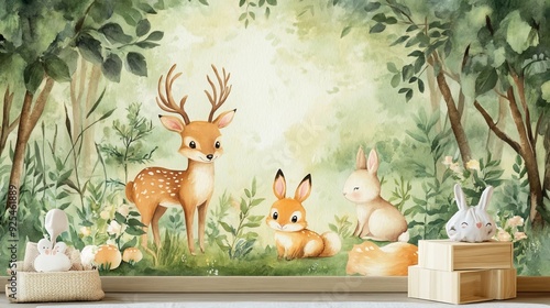 Fototapeta Naklejka Na Ścianę i Meble -  A kids' wallpaper mural featuring watercolor illustrations of forest animals like a deer, fox, and bunny, set against a green forest background. Perfect for nursery wall art. 