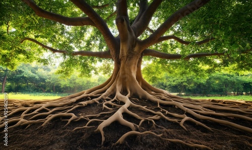 Tapety artystyczne A large tree with a thick trunk and many roots