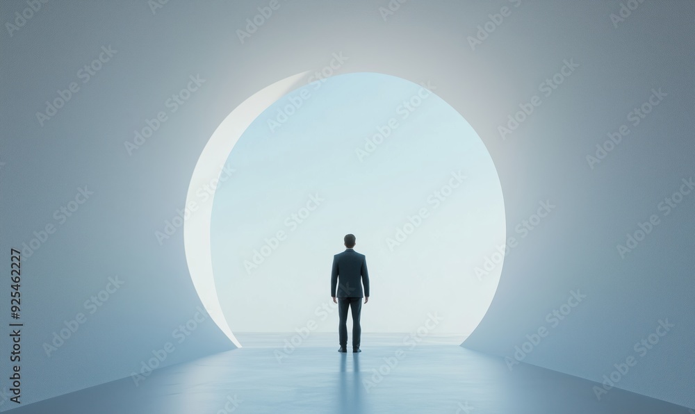 Obraz premium A man stands in a tunnel with a large circular opening in the wall