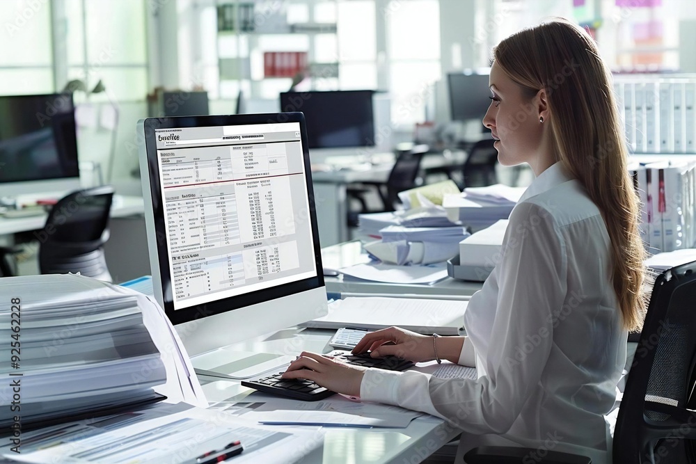 The photo shows a female accountant using e-invoice software on her computer in an office setting, surrounded by documents, bills, and financial reports. The photo shows a female accountant using e-invoice software on her computer in an office setting, surrounded by documents, bills, and financial reports.
