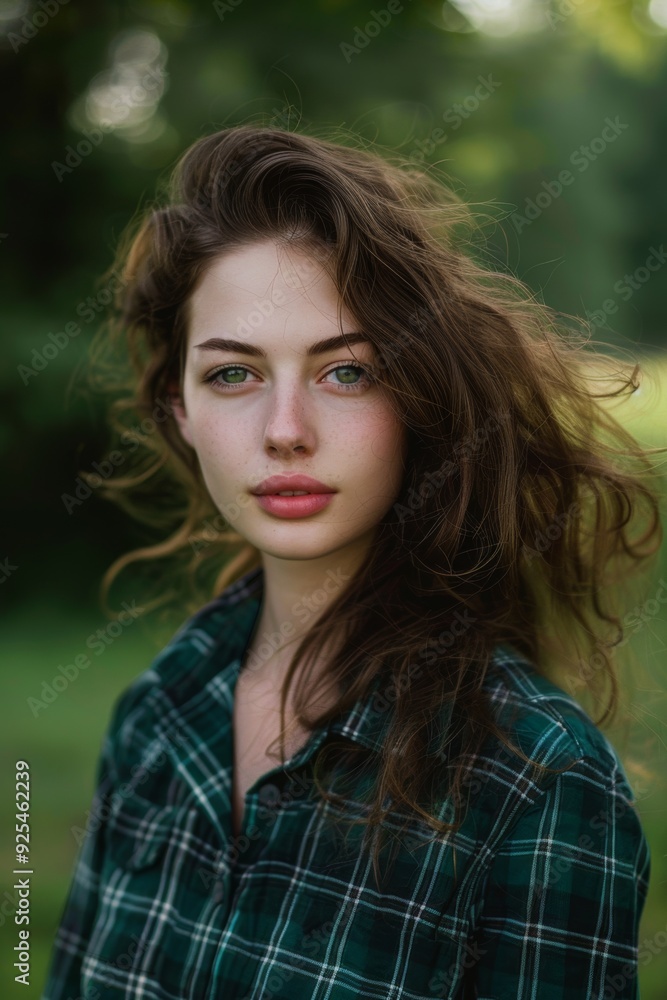 beautiful American young woman, brown hair, green eyes, green plaid shirt, green trees blurred background, cloudy day beautiful American young woman, brown hair, green eyes, green plaid shirt, green trees blurred background, cloudy day
