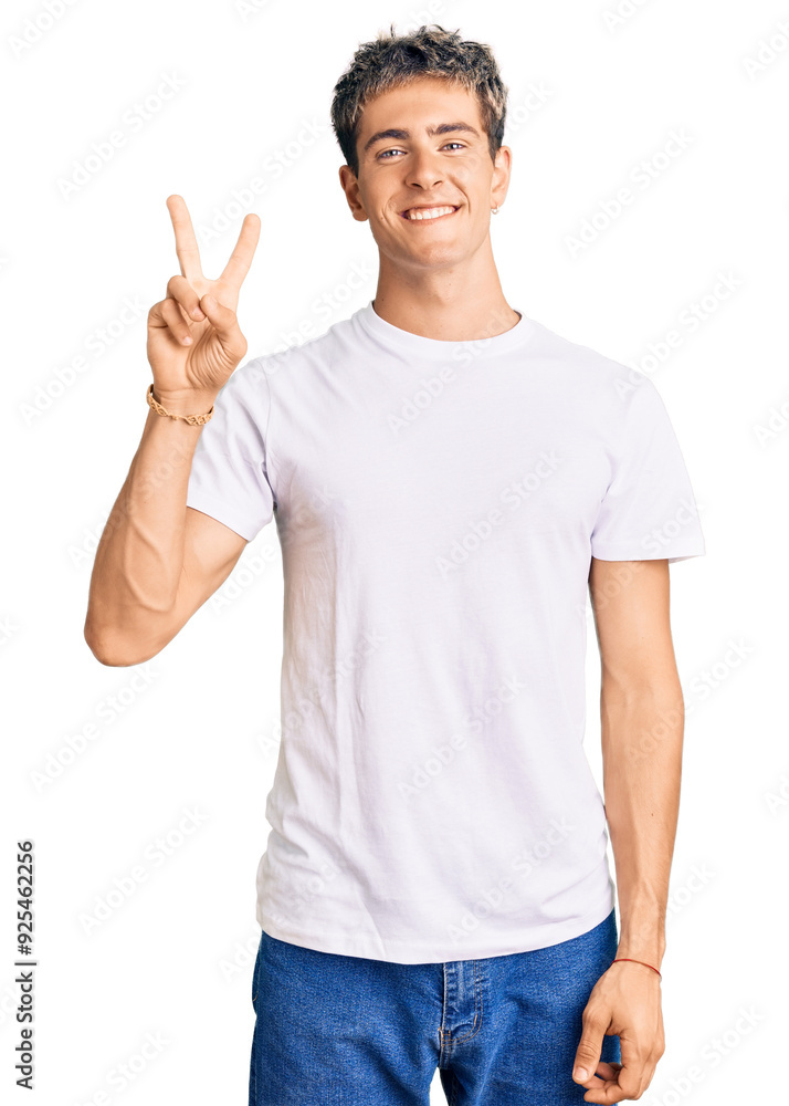 Young handsome man wearing casual white tshirt showing and pointing up with fingers number two while smiling confident and happy. Young handsome man wearing casual white tshirt showing and pointing up with fingers number two while smiling confident and happy.