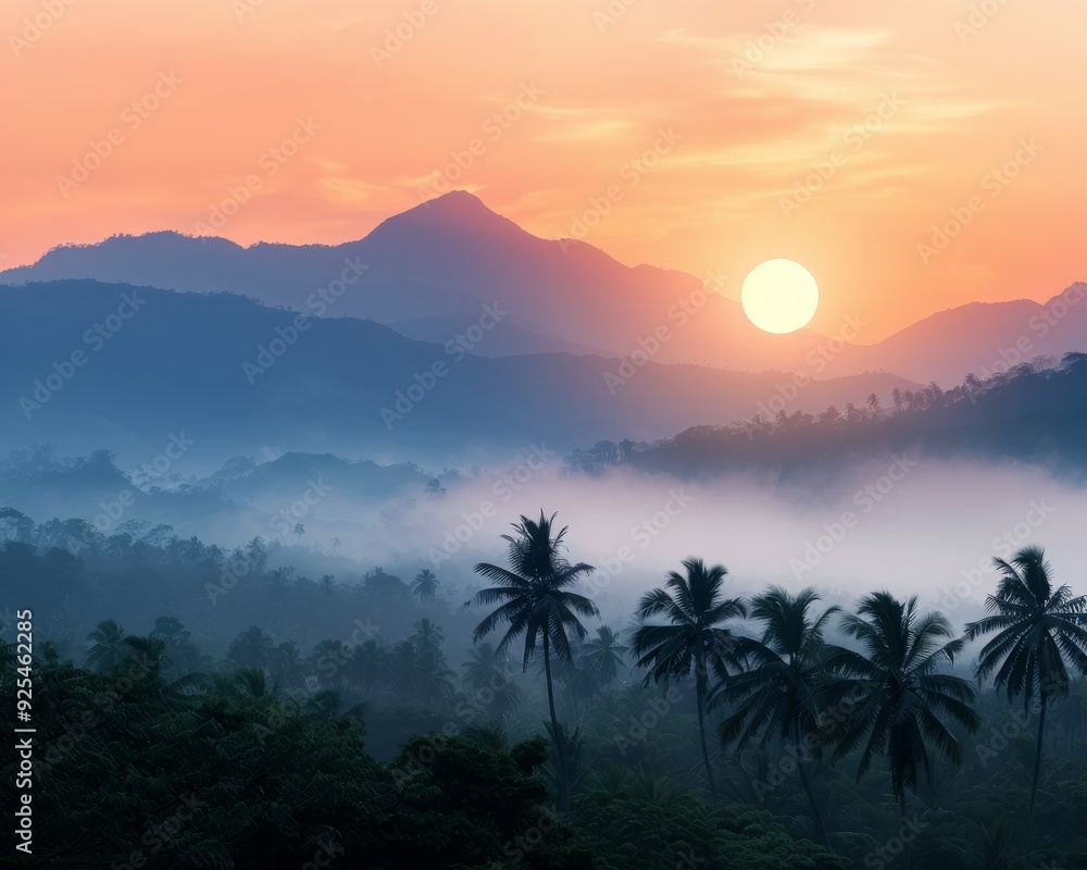 Sunrise Over Misty Mountains With Silhouetted Palm Trees Sunrise Over Misty Mountains With Silhouetted Palm Trees