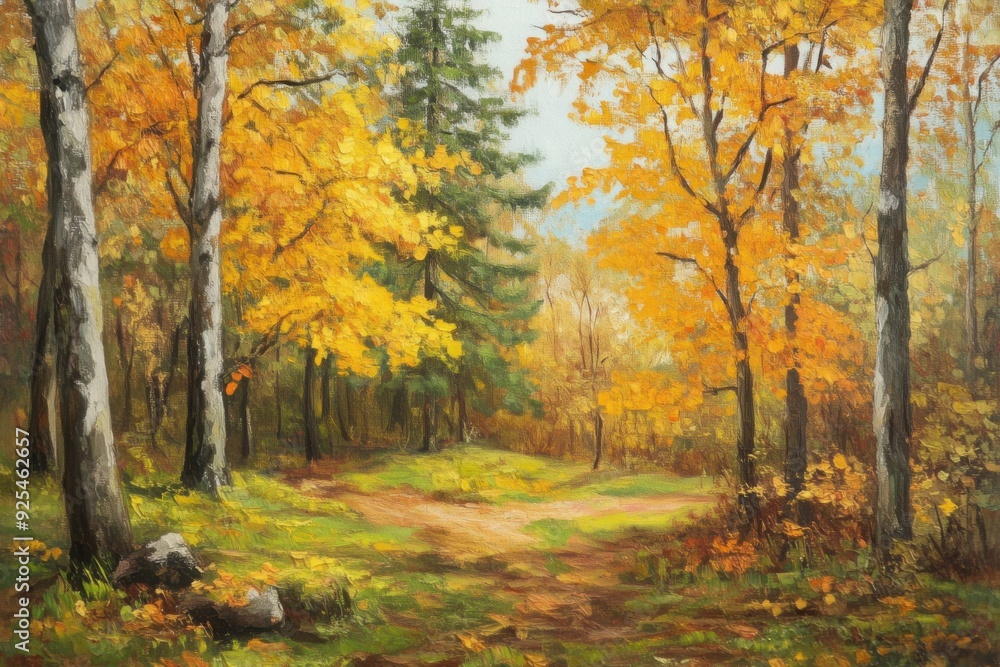 A serene forest path in autumn with vibrant yellow foliage, birch trees, and a peaceful atmosphere. A serene forest path in autumn with vibrant yellow foliage, birch trees, and a peaceful atmosphere.