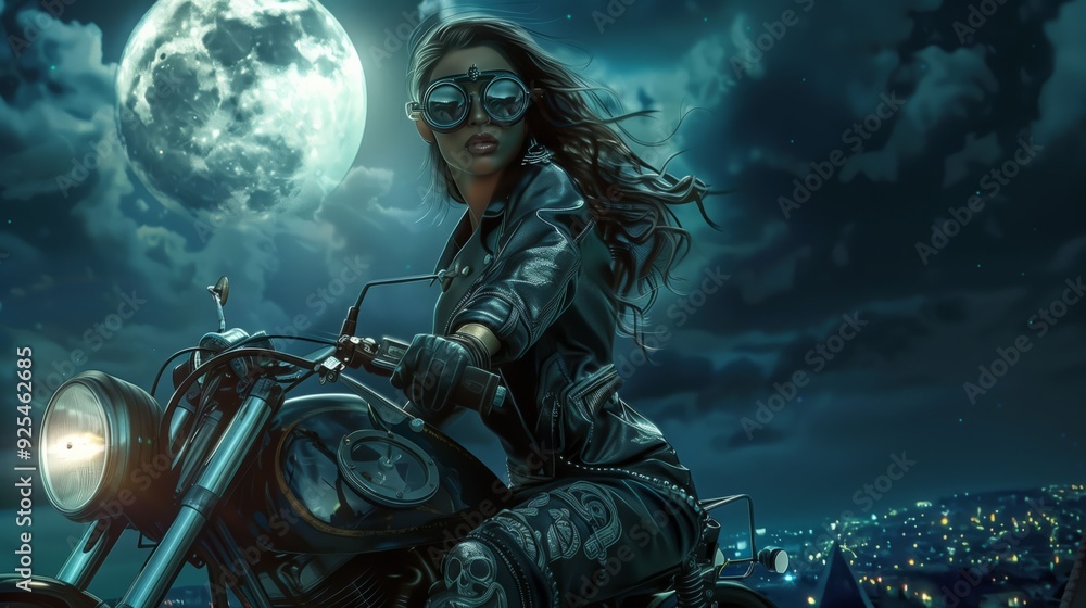 Woman on motorcycle under full moon against a night cityscape. Woman on motorcycle under full moon against a night cityscape.