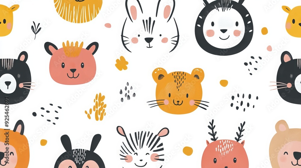 A seamless pattern featuring funny animal faces in a creative Scandinavian style. Ideal for fabric, wrapping, textiles, wallpaper, and apparel. Vector illustration. A seamless pattern featuring funny animal faces in a creative Scandinavian style. Ideal for fabric, wrapping, textiles, wallpaper, and apparel. Vector illustration.