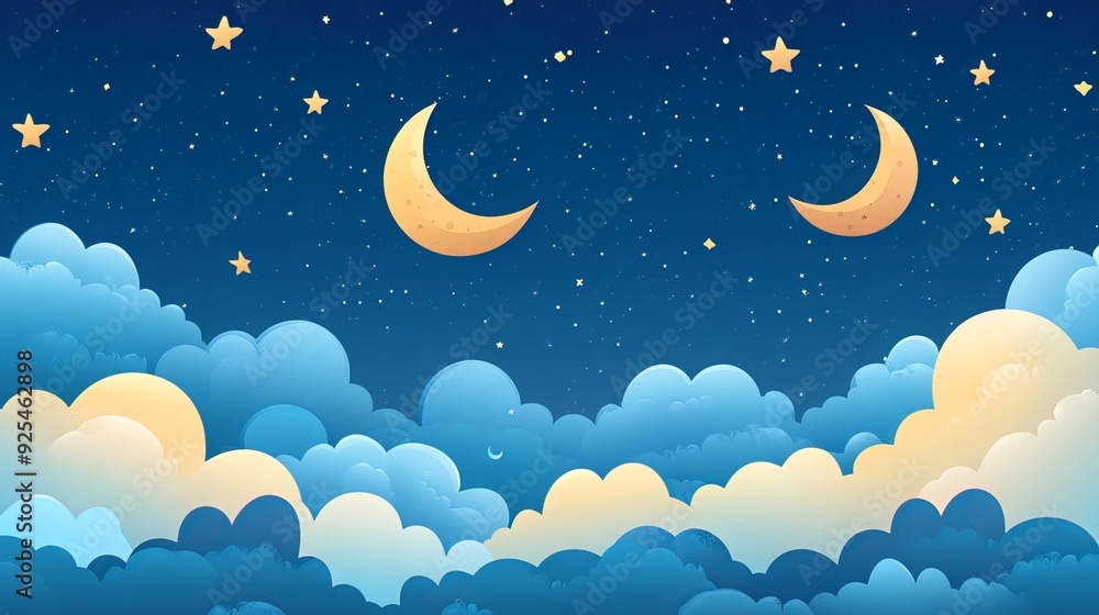 A seamless night sky background featuring clouds, stars, and a crescent moon. Ideal for nursery room wallpaper, decoration, web banners, headers, and more. A seamless night sky background featuring clouds, stars, and a crescent moon. Ideal for nursery room wallpaper, decoration, web banners, headers, and more.