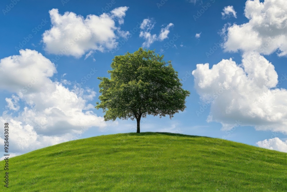 A solitary tree stands atop a lush green hill under a vibrant blue sky with scattered white clouds. A solitary tree stands atop a lush green hill under a vibrant blue sky with scattered white clouds.